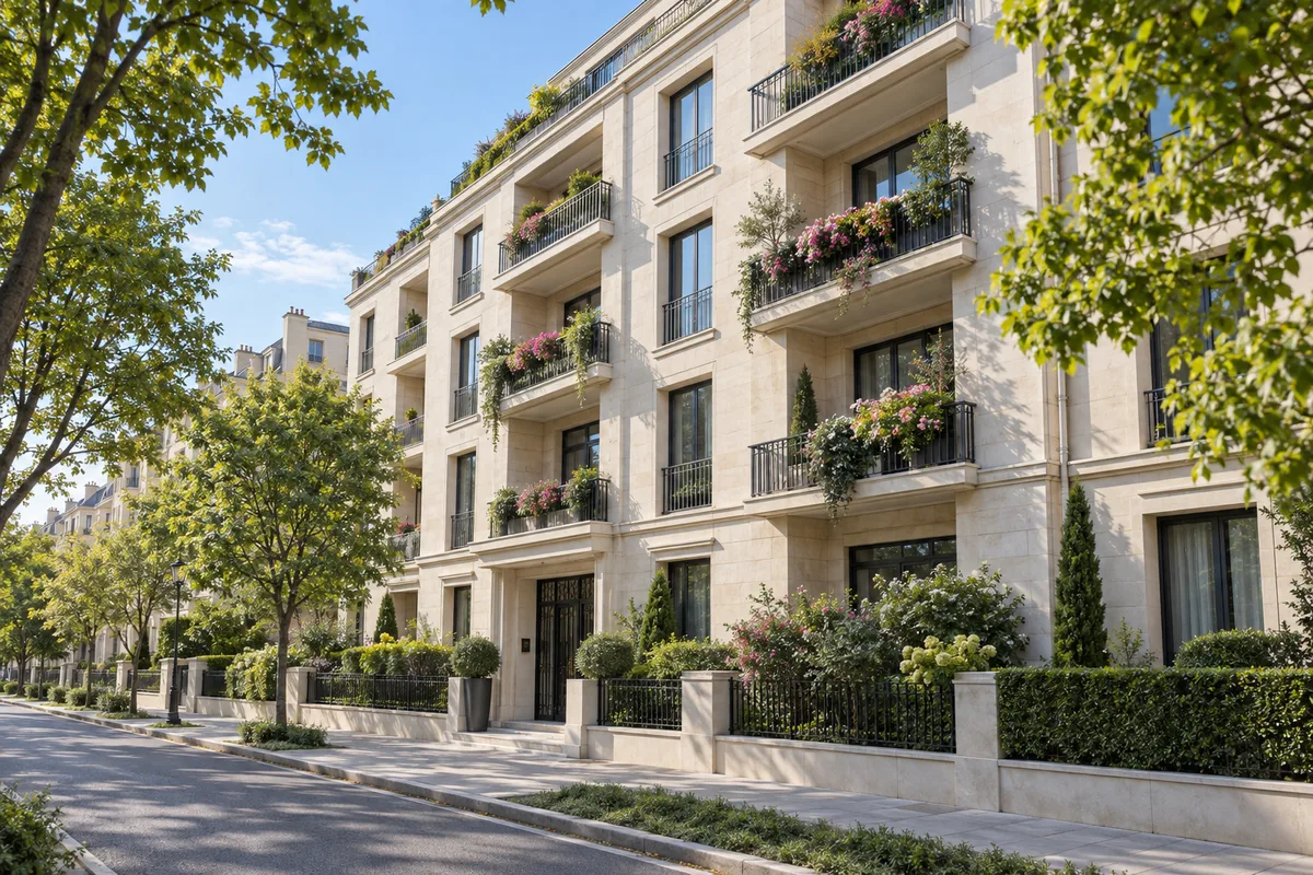 Façade d&rsquo;un immeuble résidentiel récent avec balcons fleuris dans une rue calme