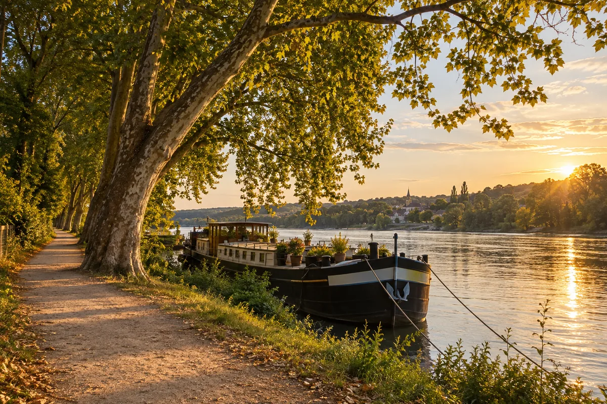 Berge de Seine avec chemin de halage et péniche amarrée sous les arbres
