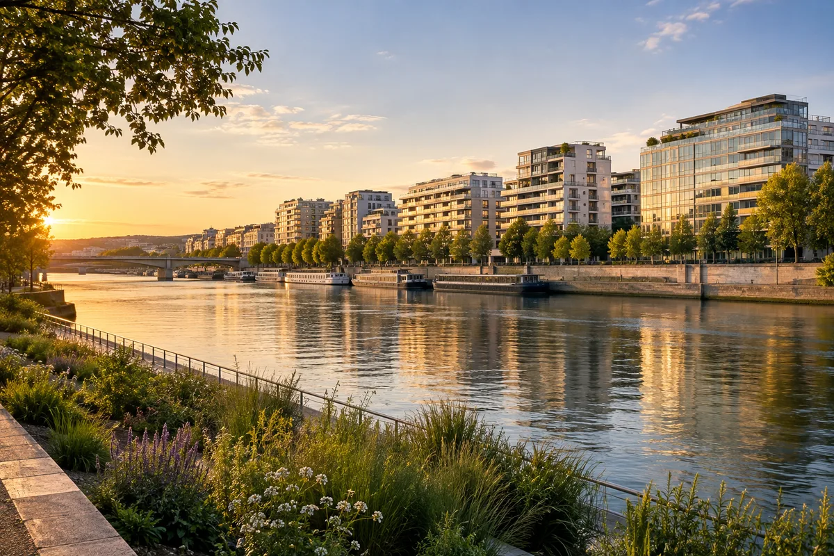 Immeubles résidentiels et façades vitrées de Boulogne-Billancourt vus depuis les quais de Seine