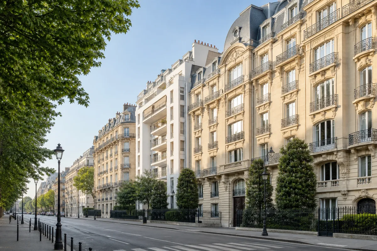 Immeubles haussmanniens et résidences récentes le long d&rsquo;une avenue de Courbevoie