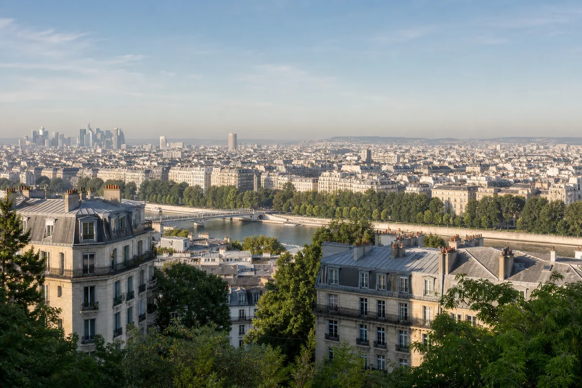 Vue depuis les coteaux de Suresnes sur la Seine et l’ouest parisien