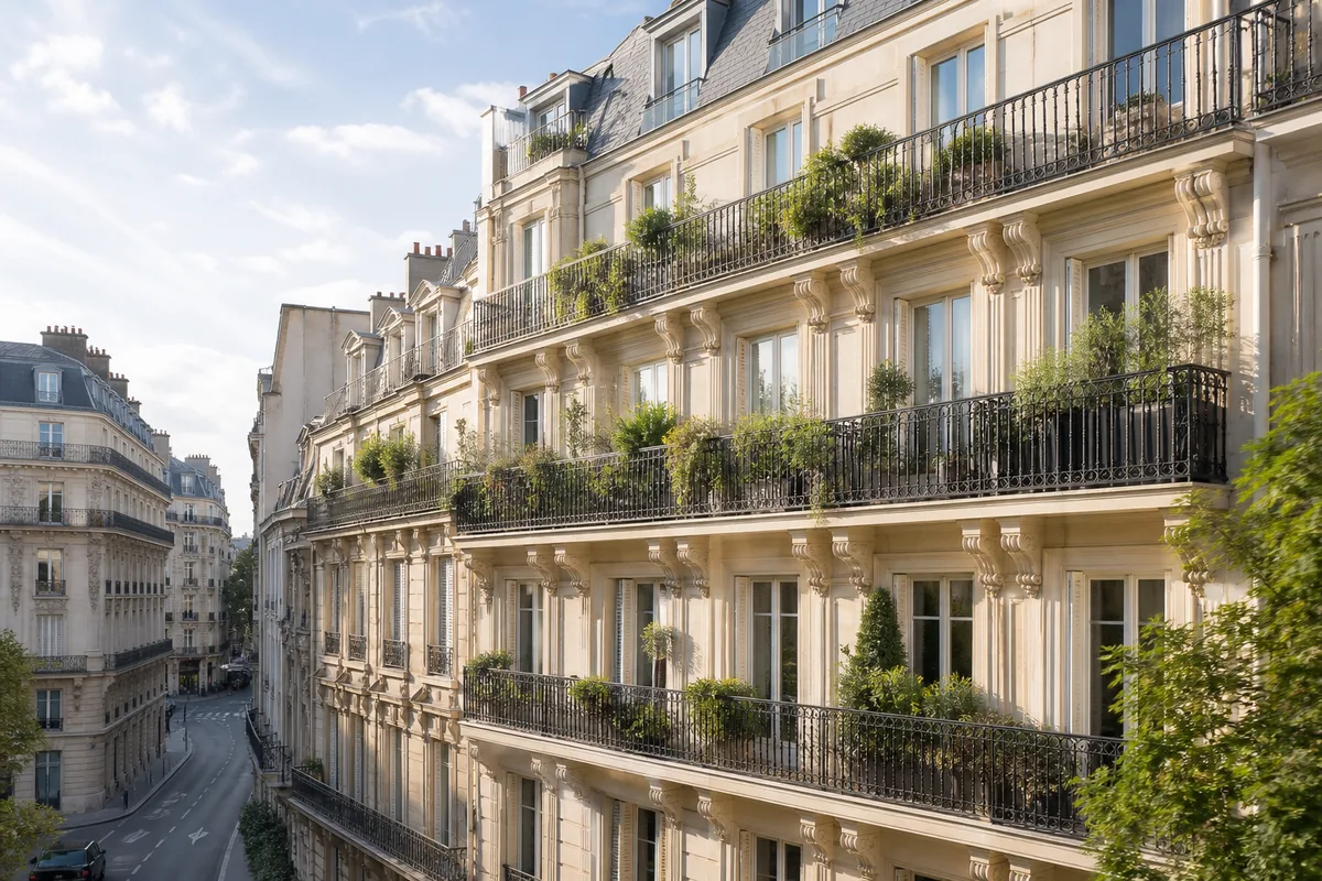 Façade d’un immeuble résidentiel avec balcons filants et espaces plantés