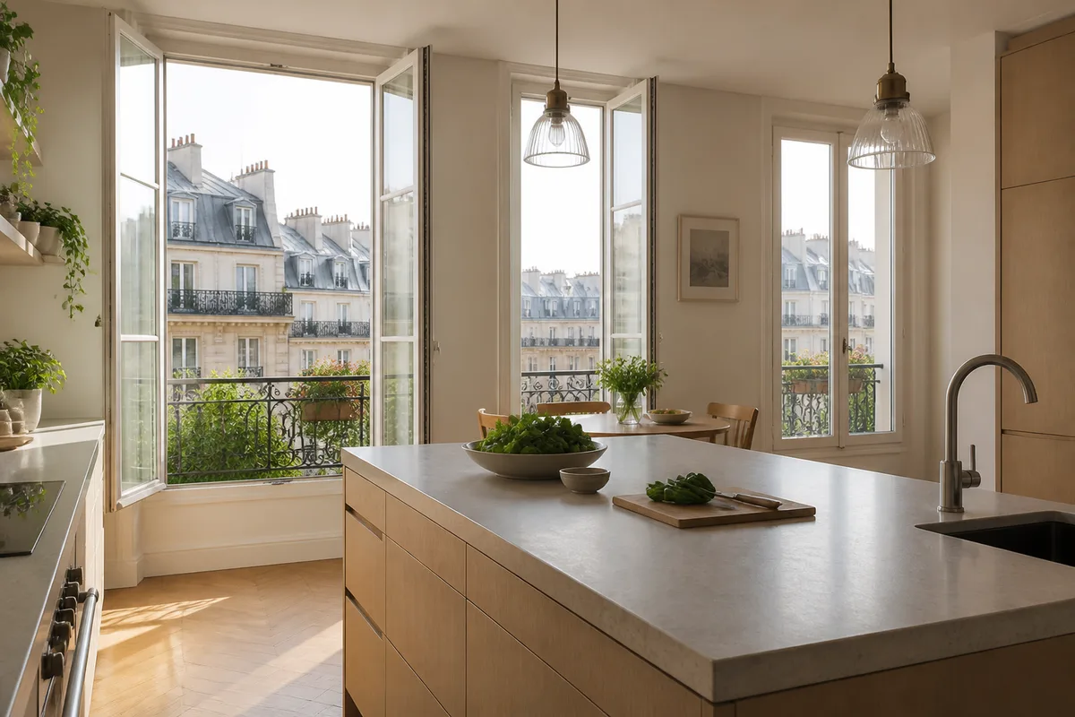 Cuisine rénovée d’un appartement familial avec vue sur les toits