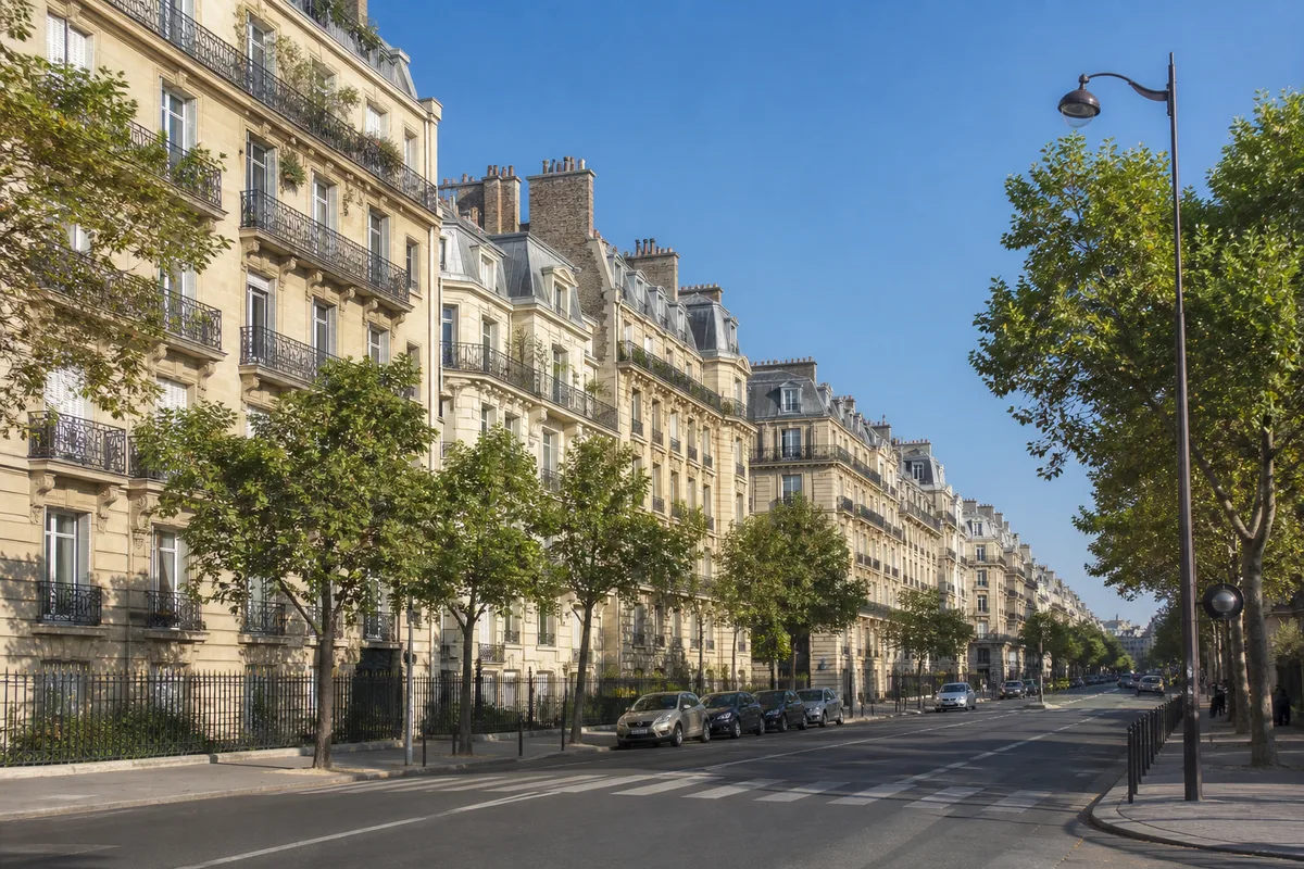 Façades haussmanniennes et immeubles contemporains alignés le long d'une avenue de l'ouest parisien