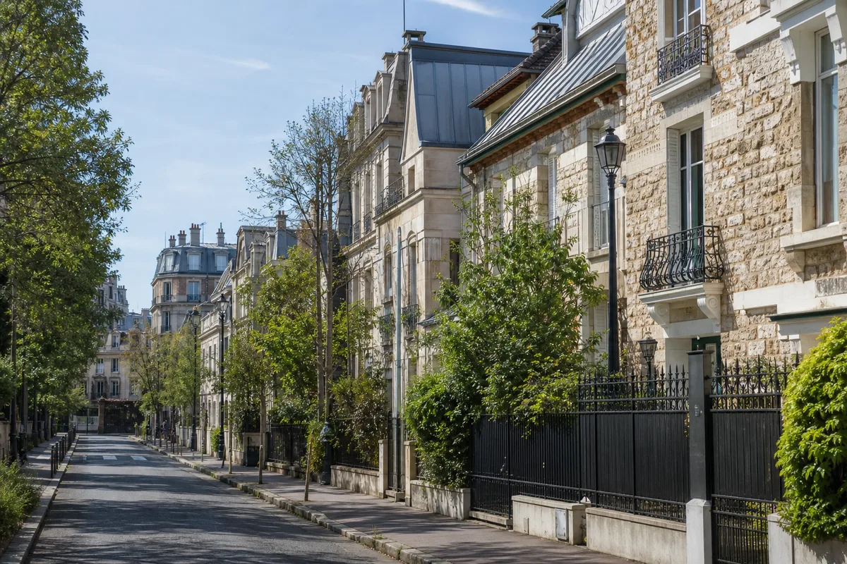 Rue pavillonnaire arborée avec maisons en meulière à La Garenne-Colombes