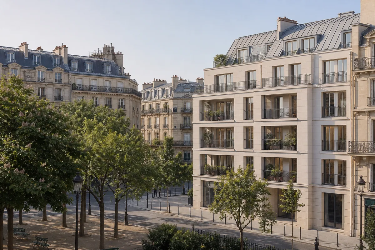 Immeuble récent avec balcons donnant sur une place arborée