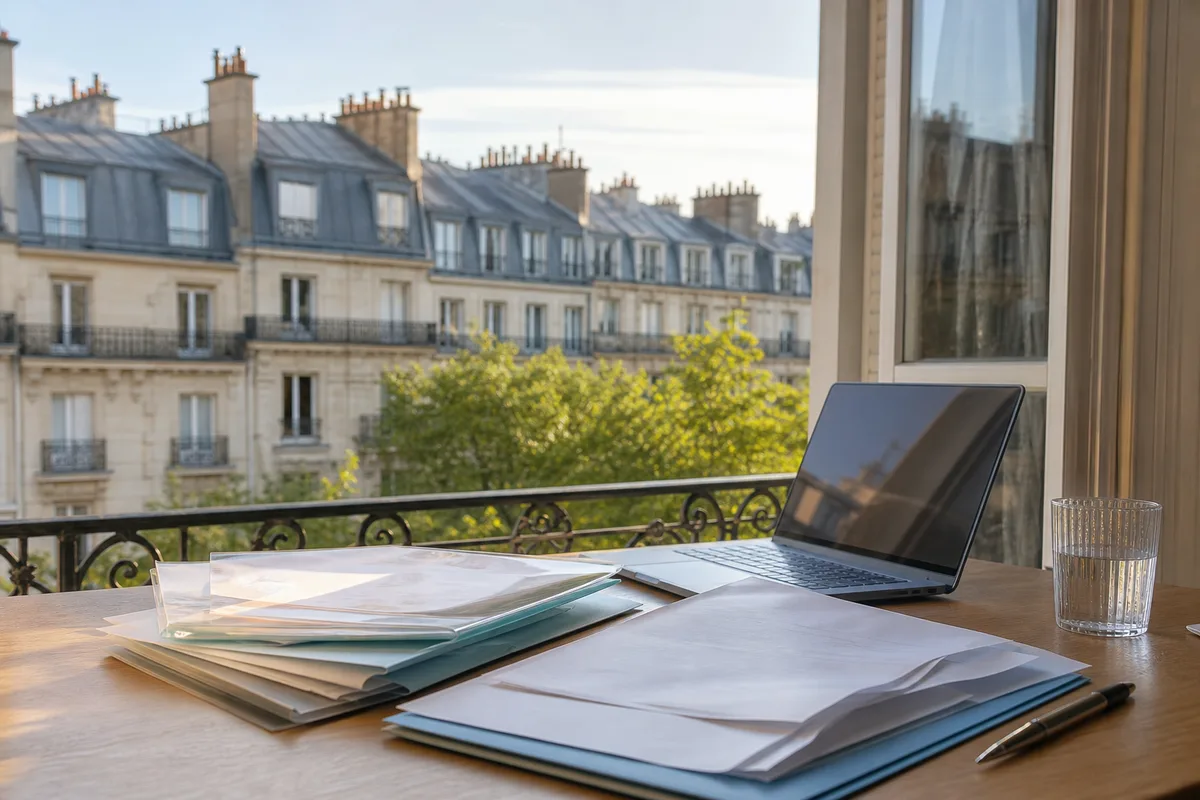 Documents d’un dossier de location posés sur une table avec un ordinateur portable