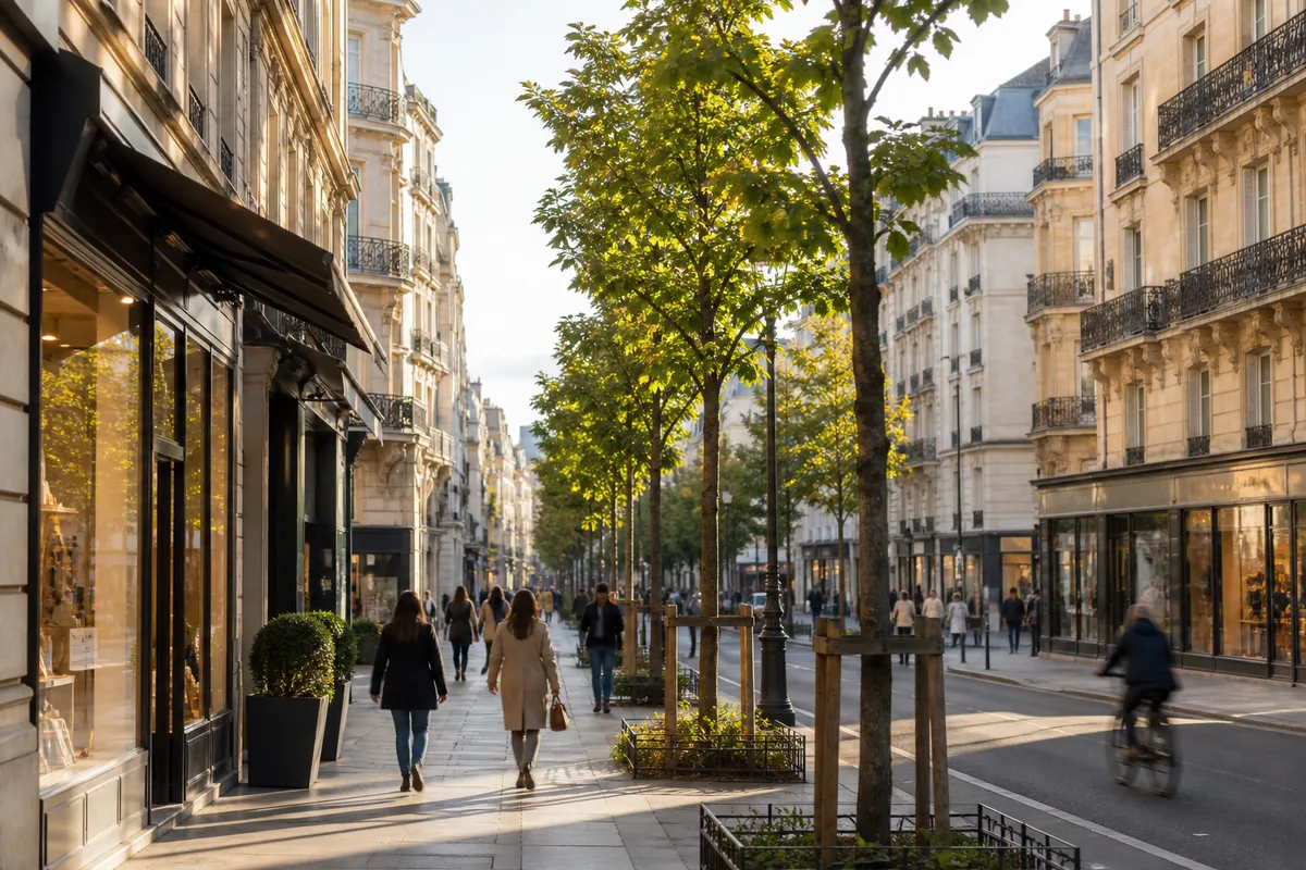 Rue commerçante animée de Levallois-Perret en fin d’après-midi
