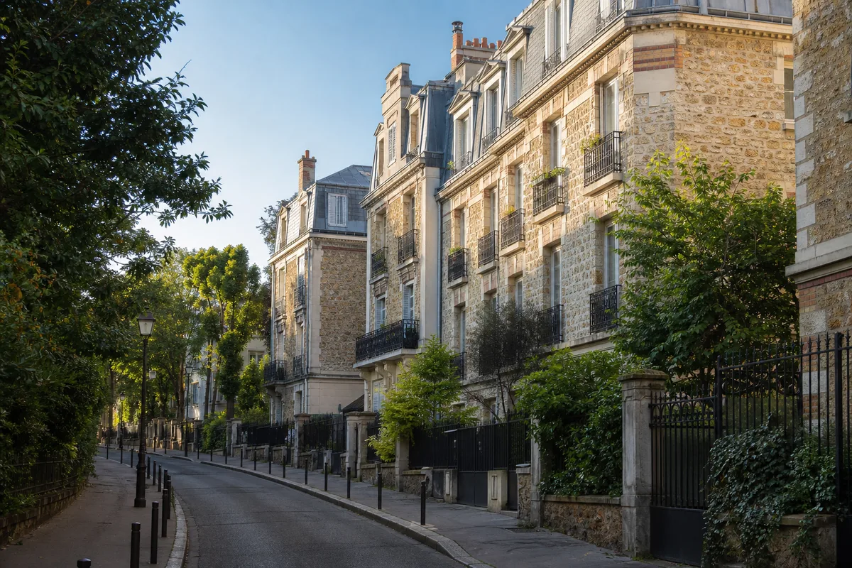 Rue résidentielle bordée de maisons de ville en meulière à Vincennes