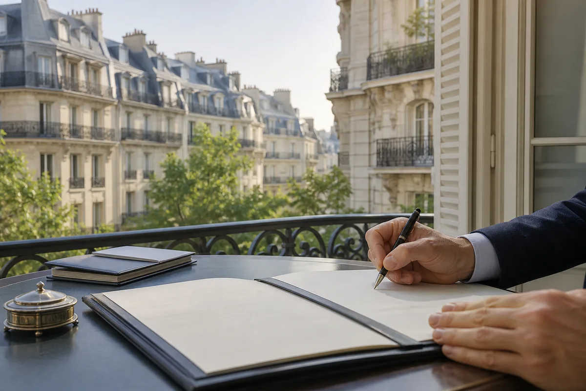 Signature d&rsquo;un mandat de vente sur une table de travail avec un dossier ouvert