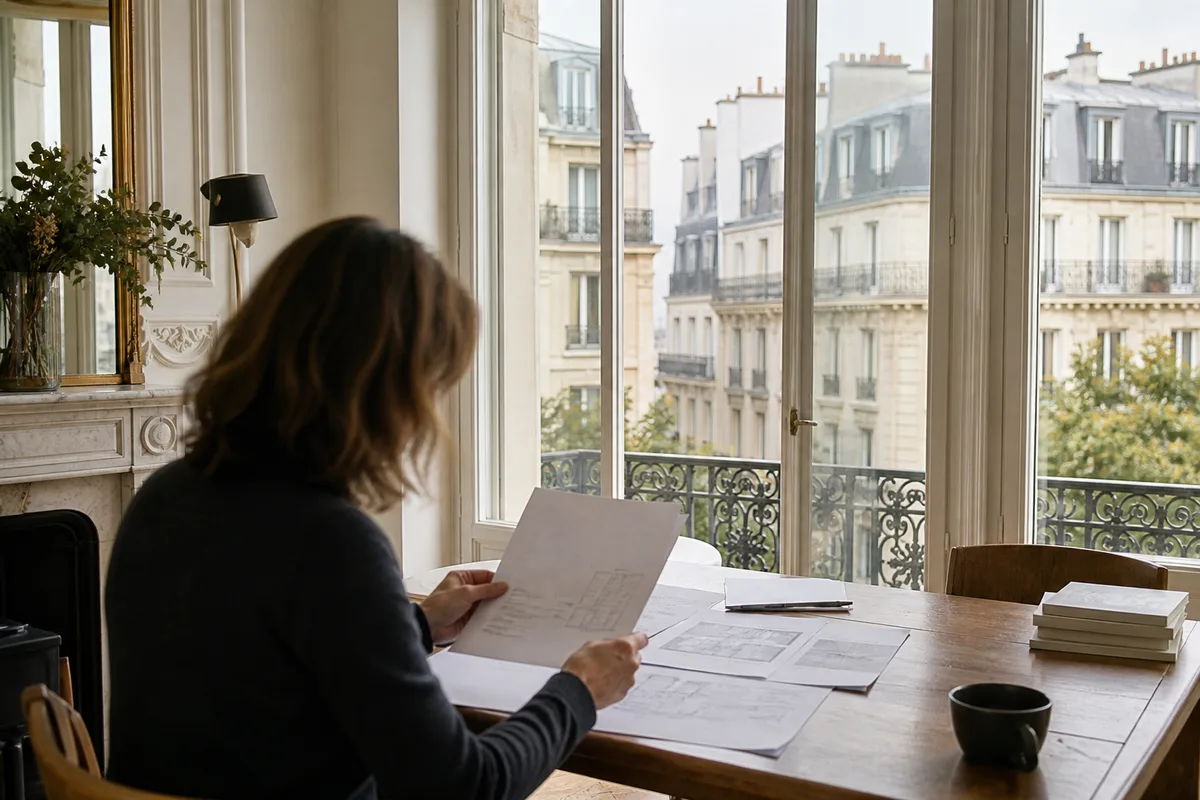 Vendeur consultant des documents immobiliers dans son salon