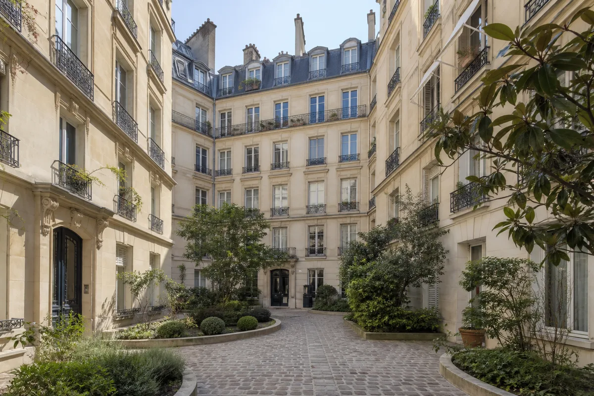 Cour intérieure d&rsquo;une grande copropriété avec espaces plantés