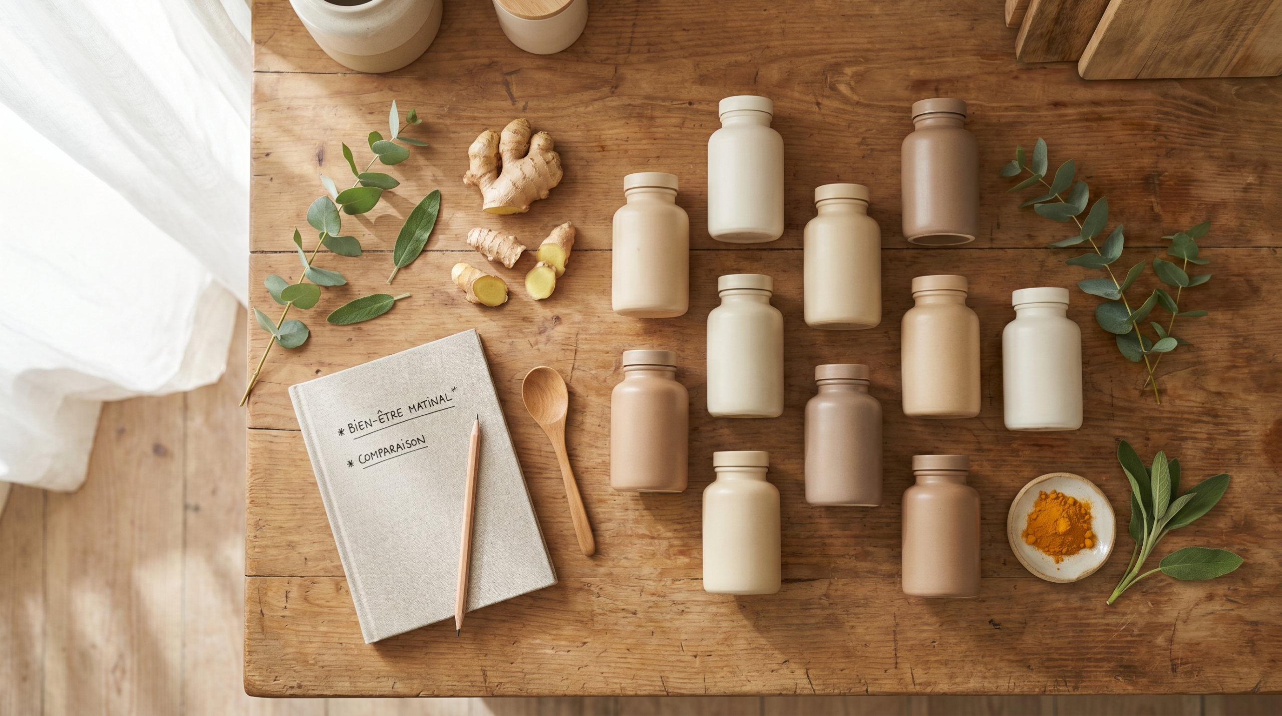 Compléments alimentaires articulations sur comptoir bois — illustration répertoire imaxreseau